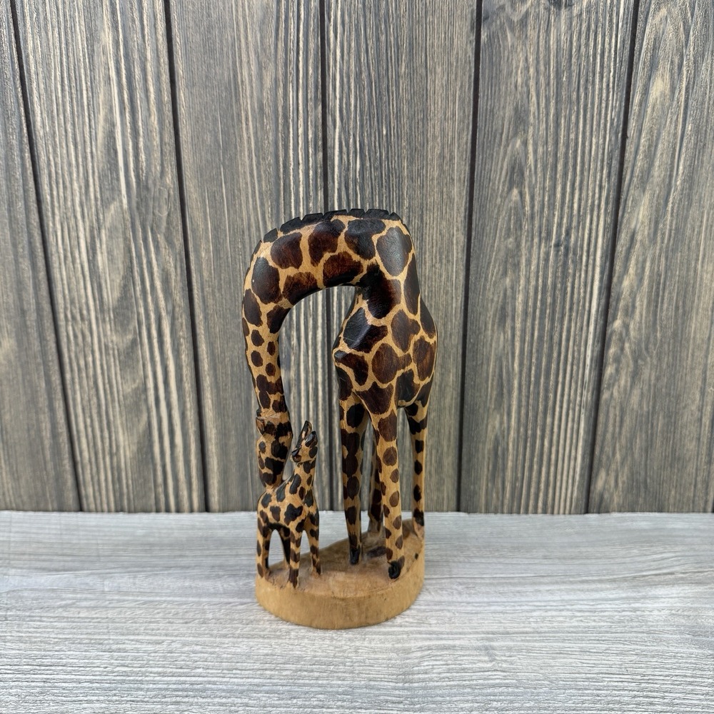 African Hand Carved Wood Giraffe Mother Baby Sculpture Kenya Safari Decor